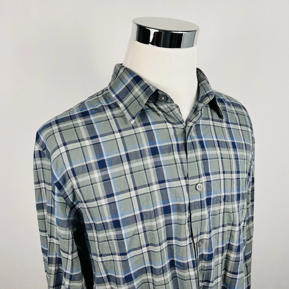John Varvatos USA XL Casual Button Front Shirt Green Blue Plaid 100% Cotton